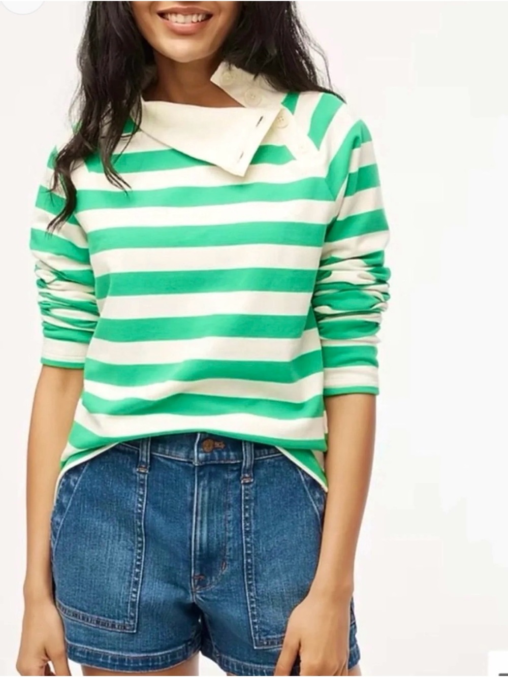 J. Crew Green & White Striped Button-Neck Long Sleeve Top